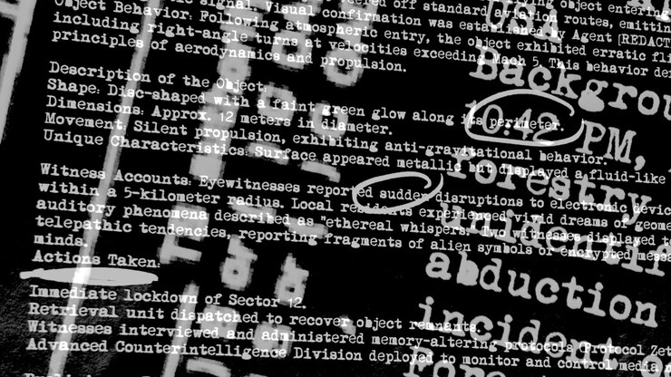 A stylized motion graphics sequence displaying a classified top secret file containing an incident report on extraterrestrial anomalies.