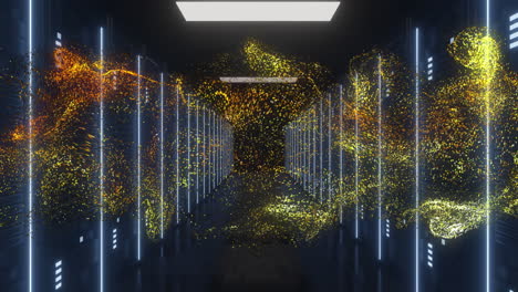 animation of orange glowing mesh over computer servers