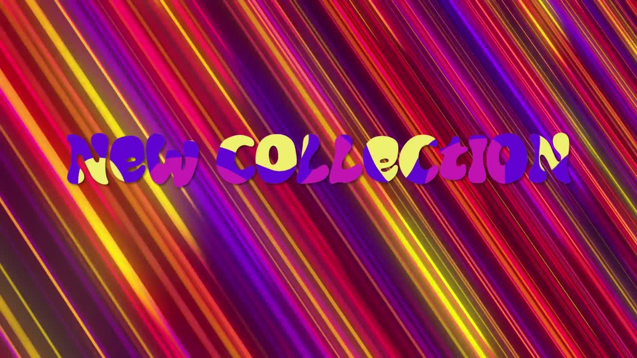 animación del nuevo texto de la colección y líneas coloridas sobre fondo negro.