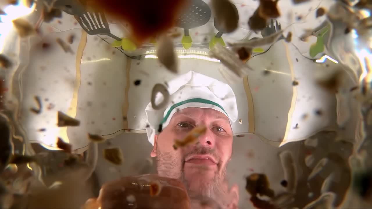 셰프는 채소 수프를 준비합니다. 셰프는 수프에 향신료를 첨가합니다. 팬에서 느린 영상으로 볼 수 있습니다.