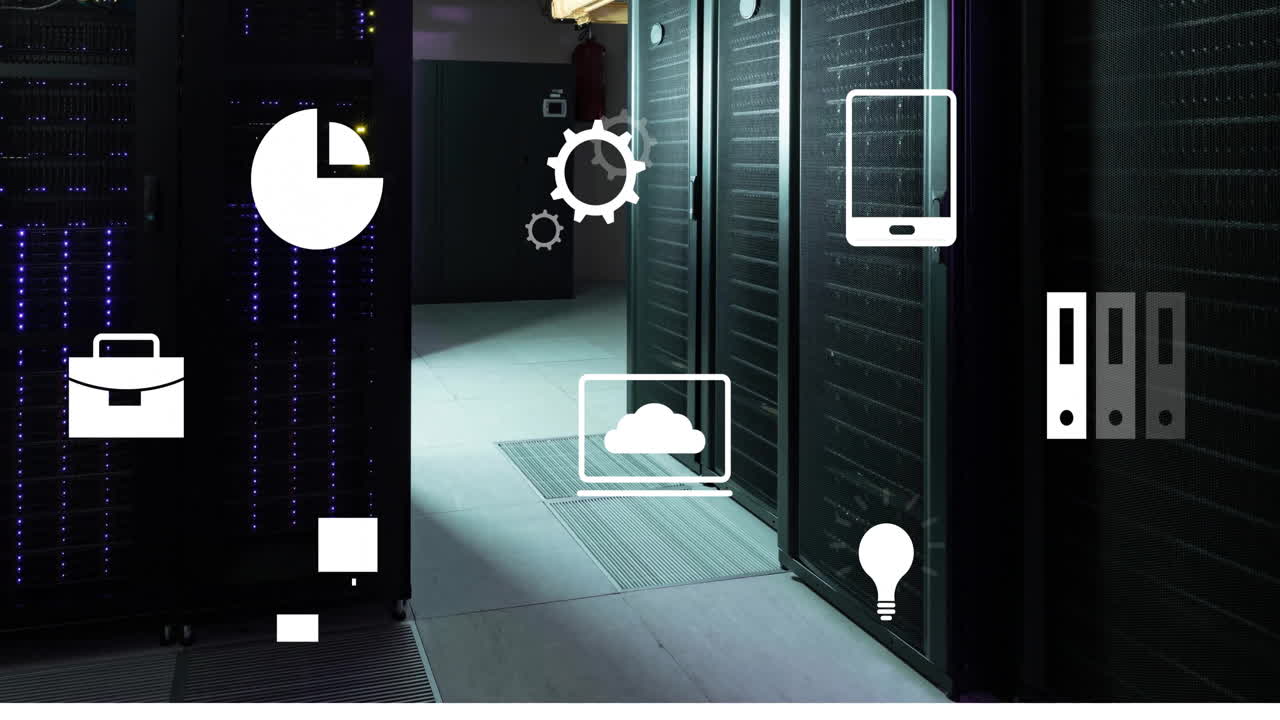 Animation of digital business icons and data processing over computer servers