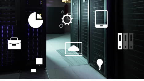 animation of digital business icons and data processing over computer servers