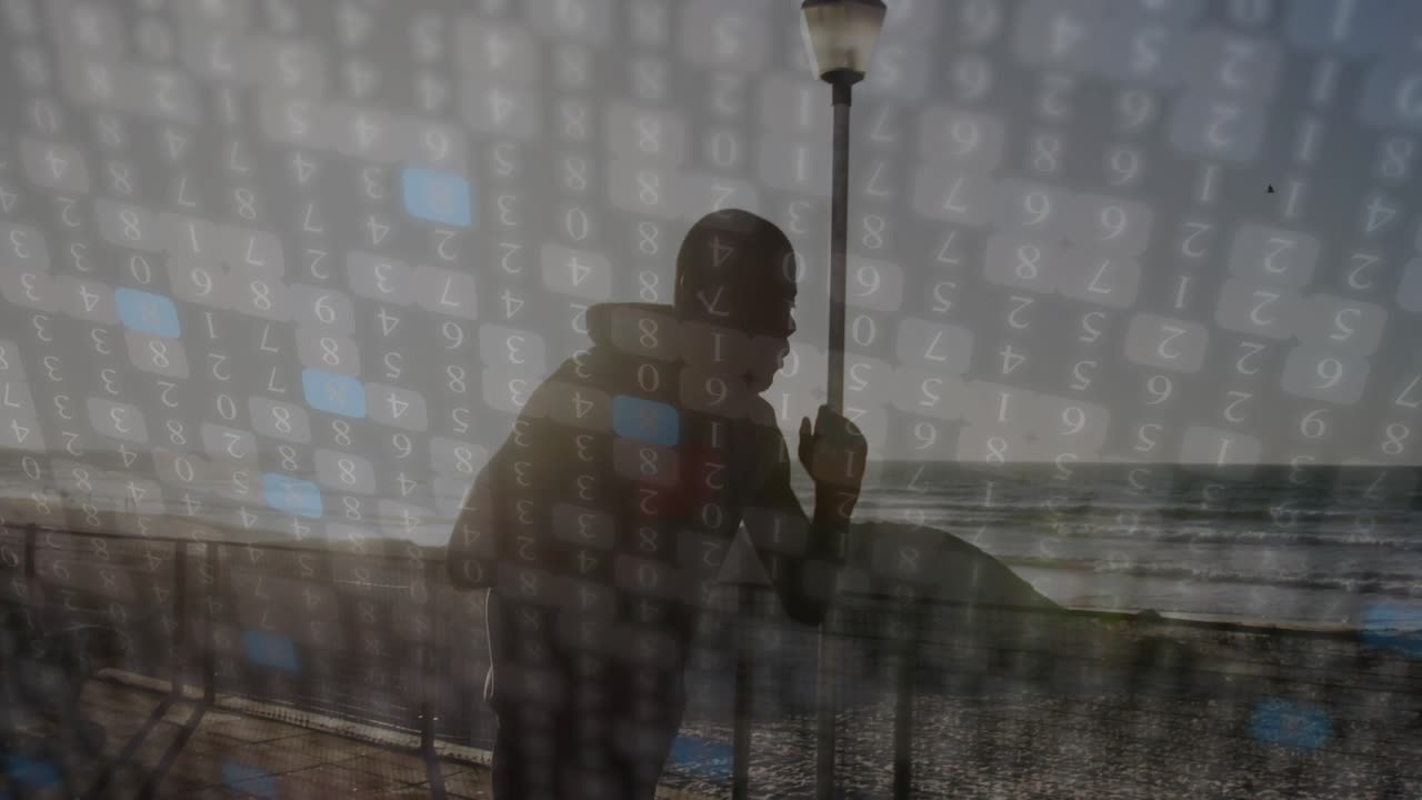 Numeric overlay initiating athlete punching along beach railing in sports training, glowing blue
