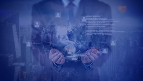 animation of data processing over businessman holding globe of connections