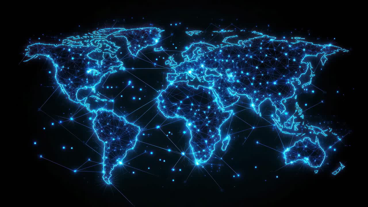 Futuristic world map with glowing blue lines and nodes, viewed from a top-down angle