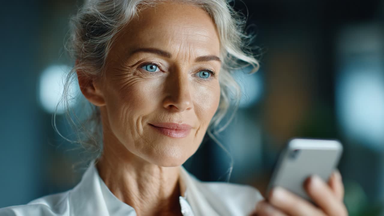 A thoughtful elderly woman with silver hair engages with a smartphone, showcasing emotion and focus in a modern environment while reflecting on personal connections
