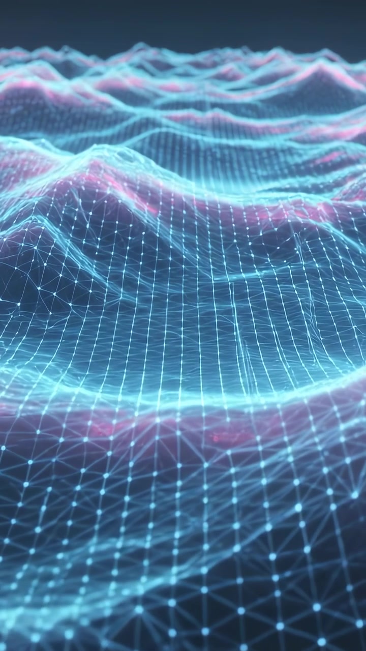 Vertical video: Moving camera revealing wireframe in virtual scene, showing depth and neon bands