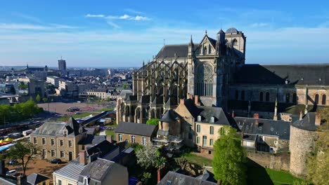 impressive le mans cathedral, saint-julien, sarthe, france. aerial drone ascending