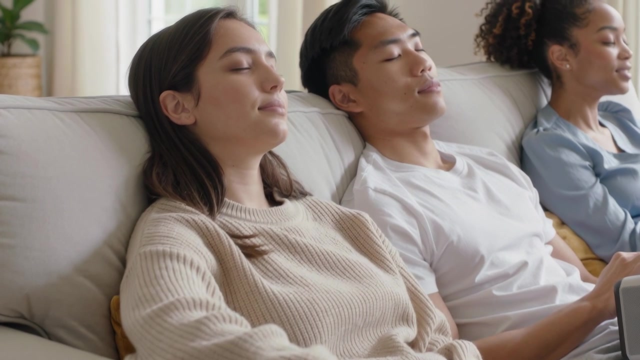 スピーカーを置き、カジュアルな服装の3人の友人が明るいソファに落ち着き、目を閉じ、休む。