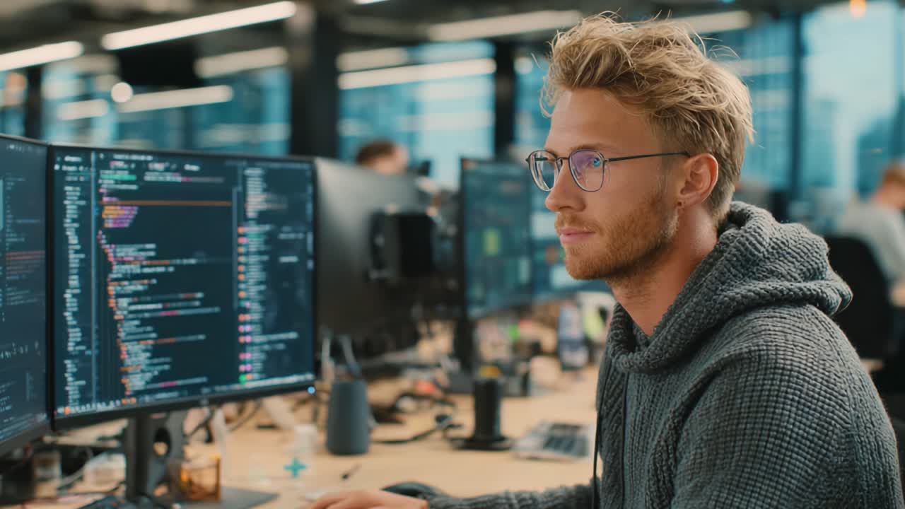 Young Male Programmer Working on Multiple Monitors in a Modern Office Environment, Demonstrating Focus and Skill in Software Development and Coding Practices