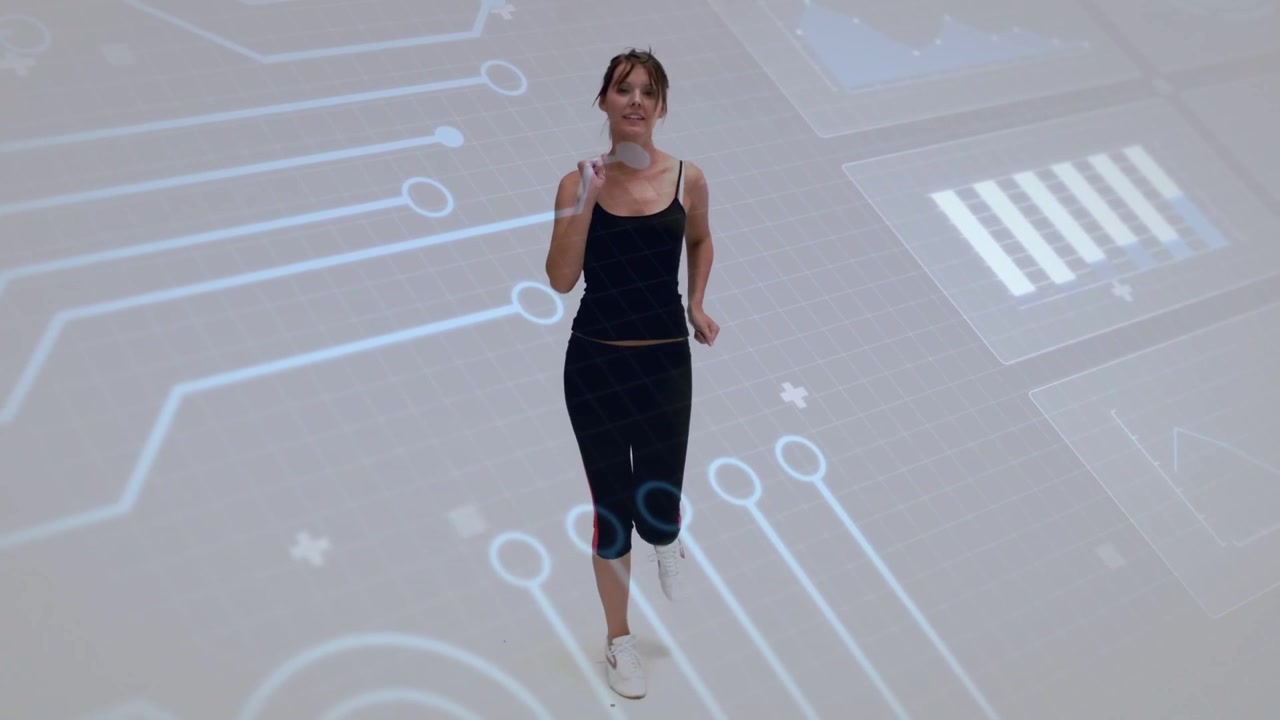 Woman jogging on pale floor, starting workout and activating fitness HUD with bar chart updating