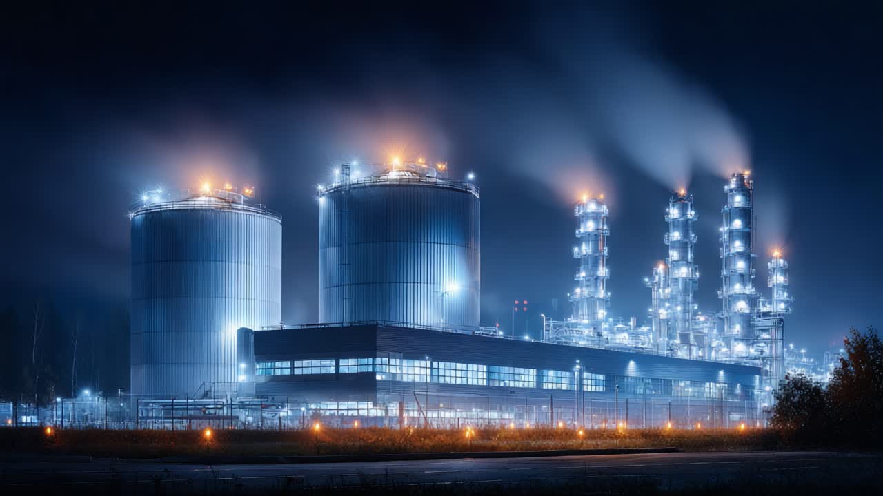 Illuminated Industrial Facility at Night Showcasing Towers and Smokestacks in a High-Tech Setting with Bright Lights and Emissions