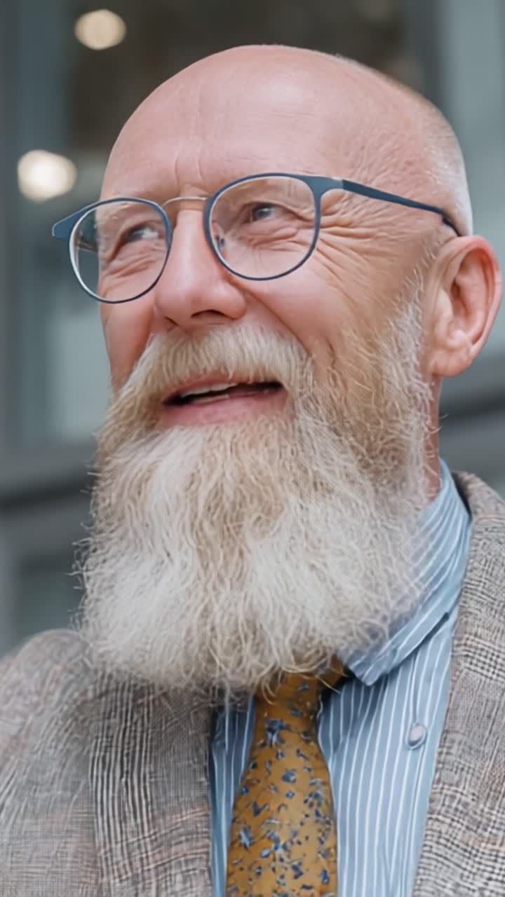 Ein Porträt eines angesehenen älteren Herrn mit vollem Bart und Brille, in zwei Aufnahmen festgehalten, die sein warmes Lächeln und seinen Stil präsentieren.