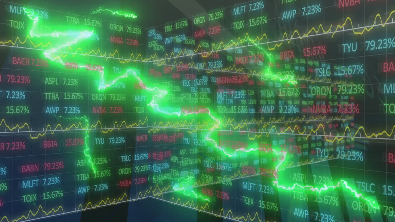 Digital animation overlay with green patterns on stock market data and graphs