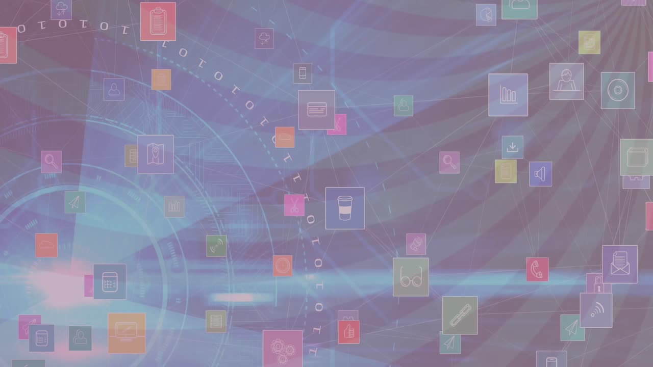 animación de iconos digitales y escaneos sobre franjas giratorias en el fondo