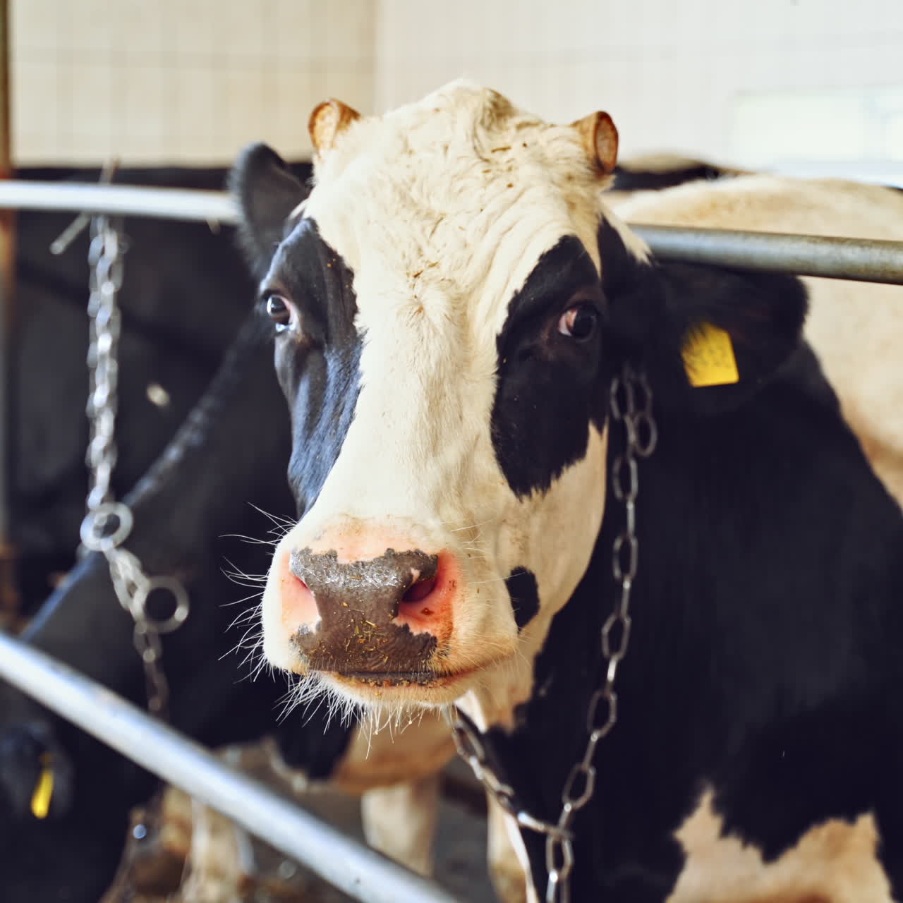 Close-up view on black and white cow in the cowshed. Dairy cow with cutted horns looking at camera on the farm.