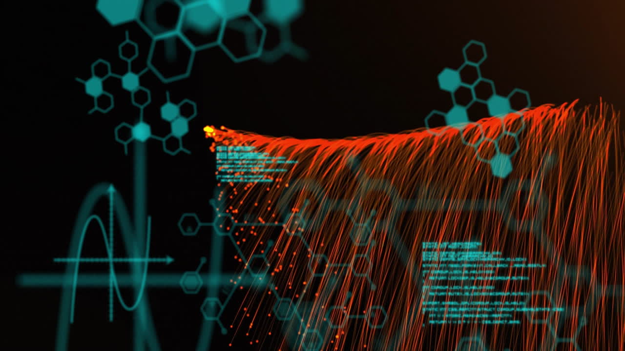 Animation of red data streams with hexagonal patterns in digital abstract background