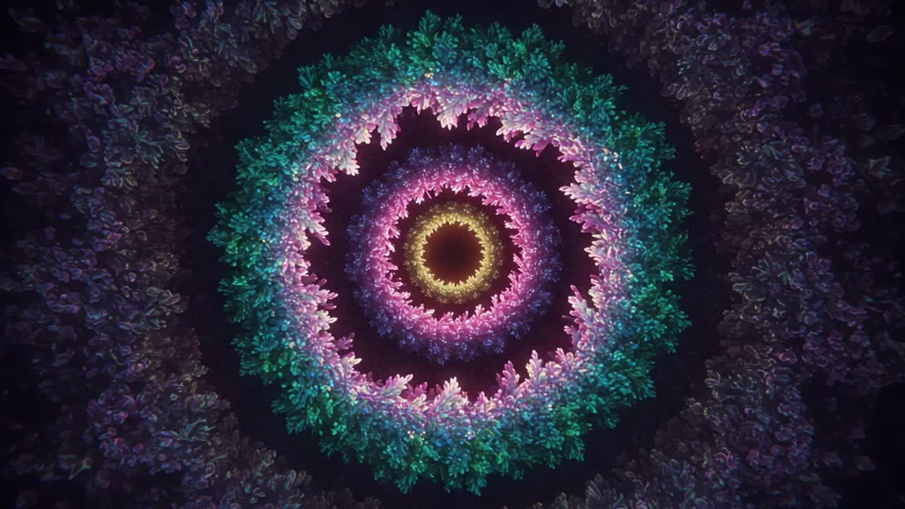 A Mesmerizing Spiral of Vibrant Colors and Lush Flora Creating a Dreamlike Visual Journey through an Otherworldly Landscape