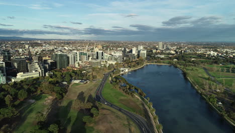 smooth aerial perspective approach toward st kilda road, melbourne, australia