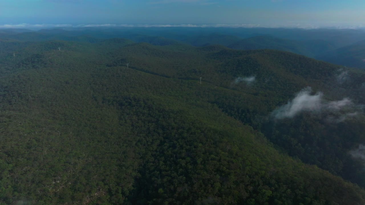 Pylon Towers Power Lines Australian Lower Mangrove Hawkesbury River NSW Sydney Blue Mountains forest jungle aerial drone mist clouds sunny morning blue sky Gum Eucalyptus trees forward pan up