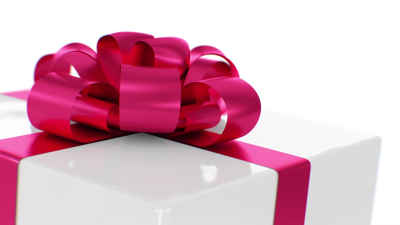 Beautiful Close-up Gift Box with Ribbons and Bow Spinning on White Background Seamless. Looped 3d Animation of Present Box 2 Versions and Alpha Channel. Holiday Concept.