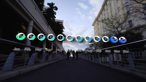 animation of statistical data processing against time-lapse of people walking on city bridge