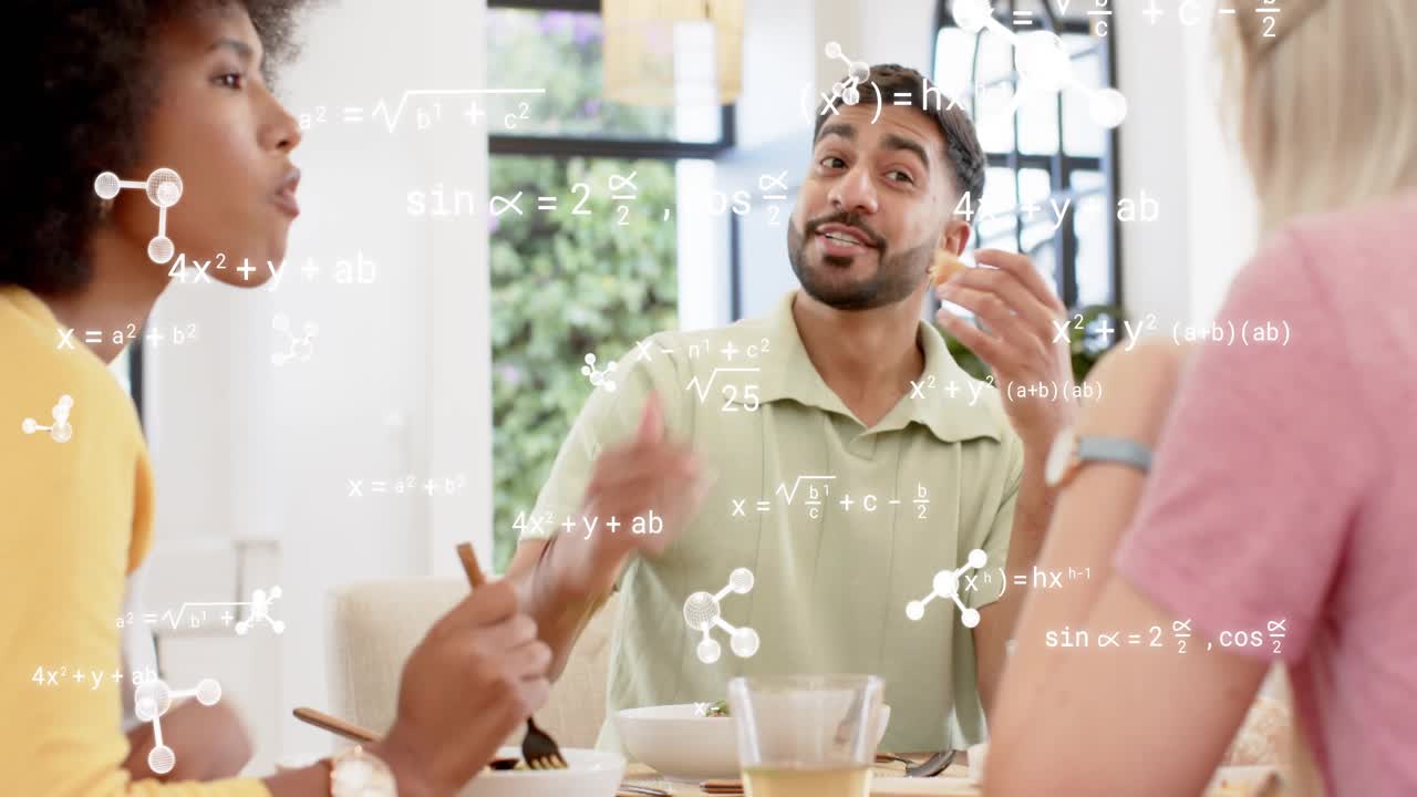 Woman lifting fork leading man in green polo reaching smiling explaining science formulas appearing