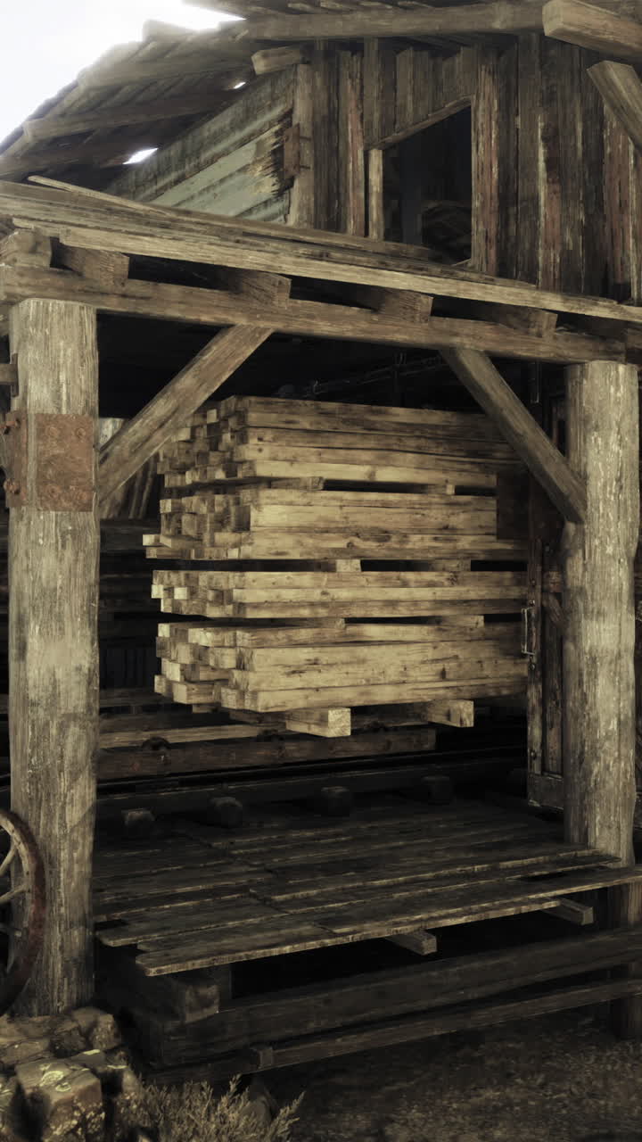 Vecchie strutture in legno in una città mineraria abbandonata di giorno