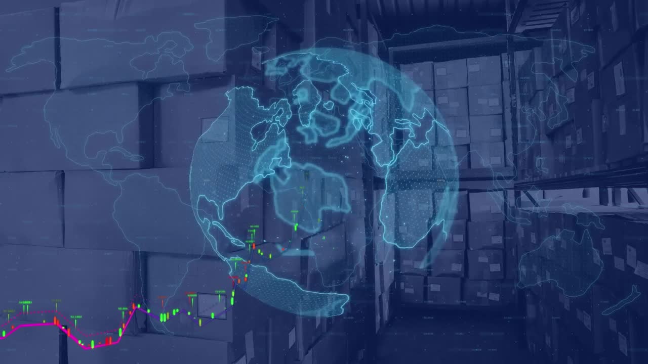 animación del globo y la interfaz digital con procesamiento de datos sobre el almacén