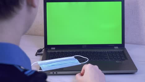 un hombre saluda a sus colegas por video llamada en una computadora portátil y le recuerda que se ponga una máscara protectora, una pantalla de monitor verde