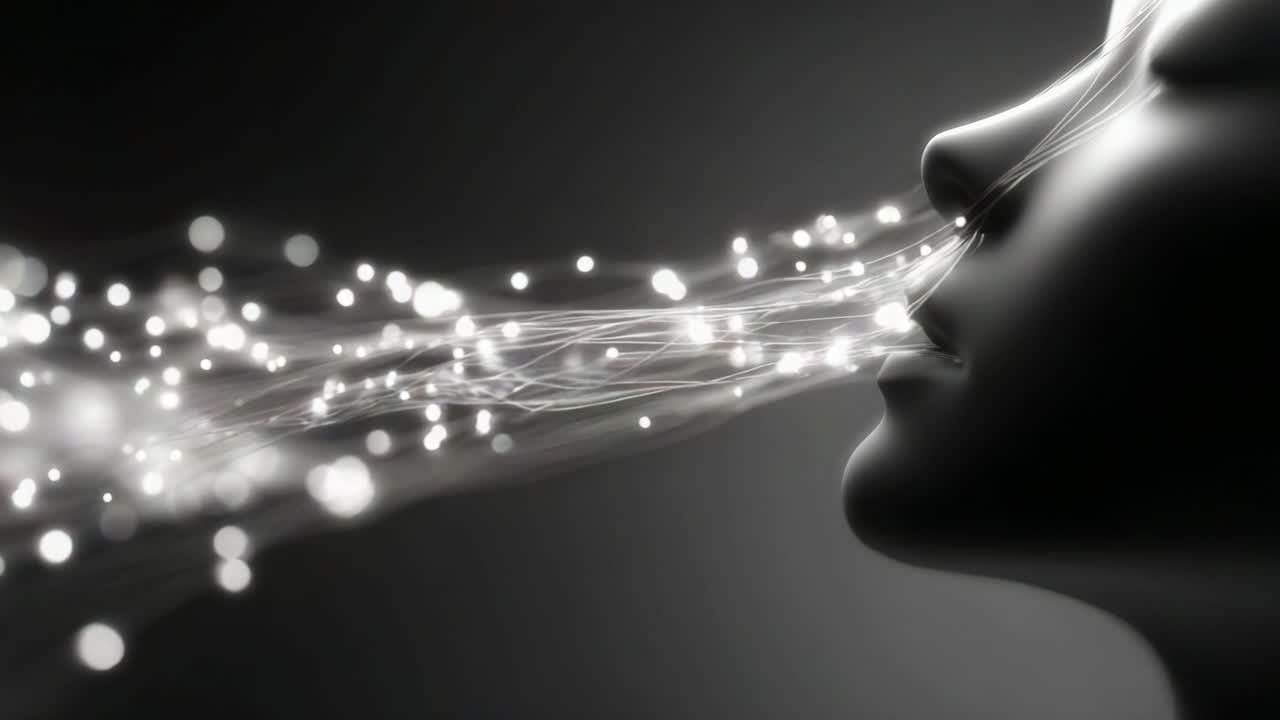 The ethereal journey of light and energy flowing through a surreal visage, capturing the essence of breath as vibrant streams of illumination dance in the darkness