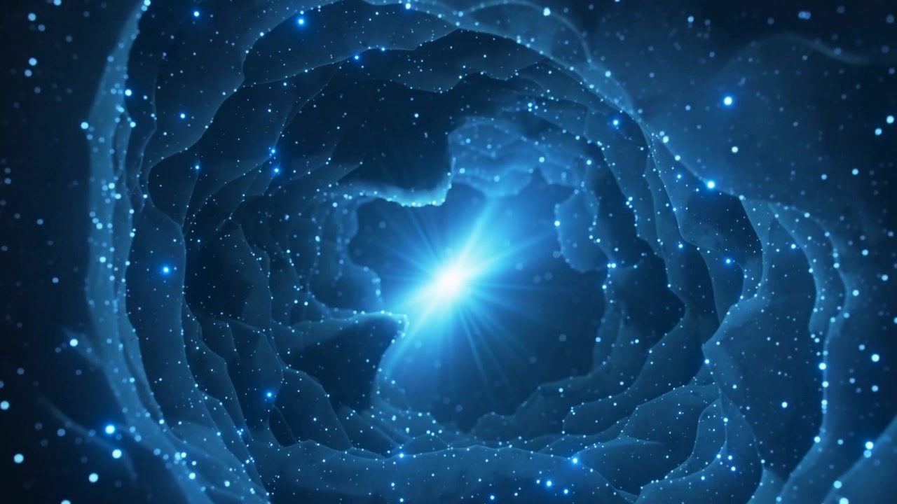 Animando una nebulosa azul en el espacio, con el núcleo brillando intensamente, los anillos desplazándose, las estrellas fluyendo hacia adentro y una cavidad abriéndose.