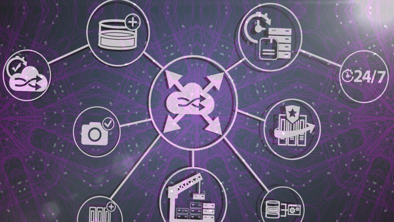 animación de un diagrama de flujo de iconos sobre puntos que forman un patrón abstracto y destellos de lentes