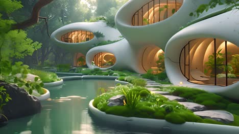 futuristic eco-architecture integrated with lush nature and waterways
