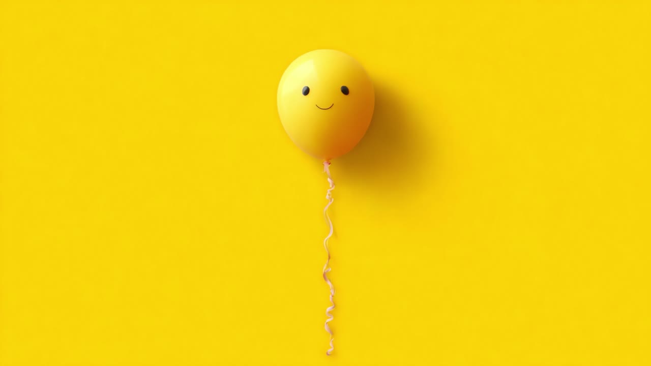 A cheerful and vibrant yellow balloon with a friendly smile, floating against a bright yellow background, capturing joy and positivity in a minimalist design setting