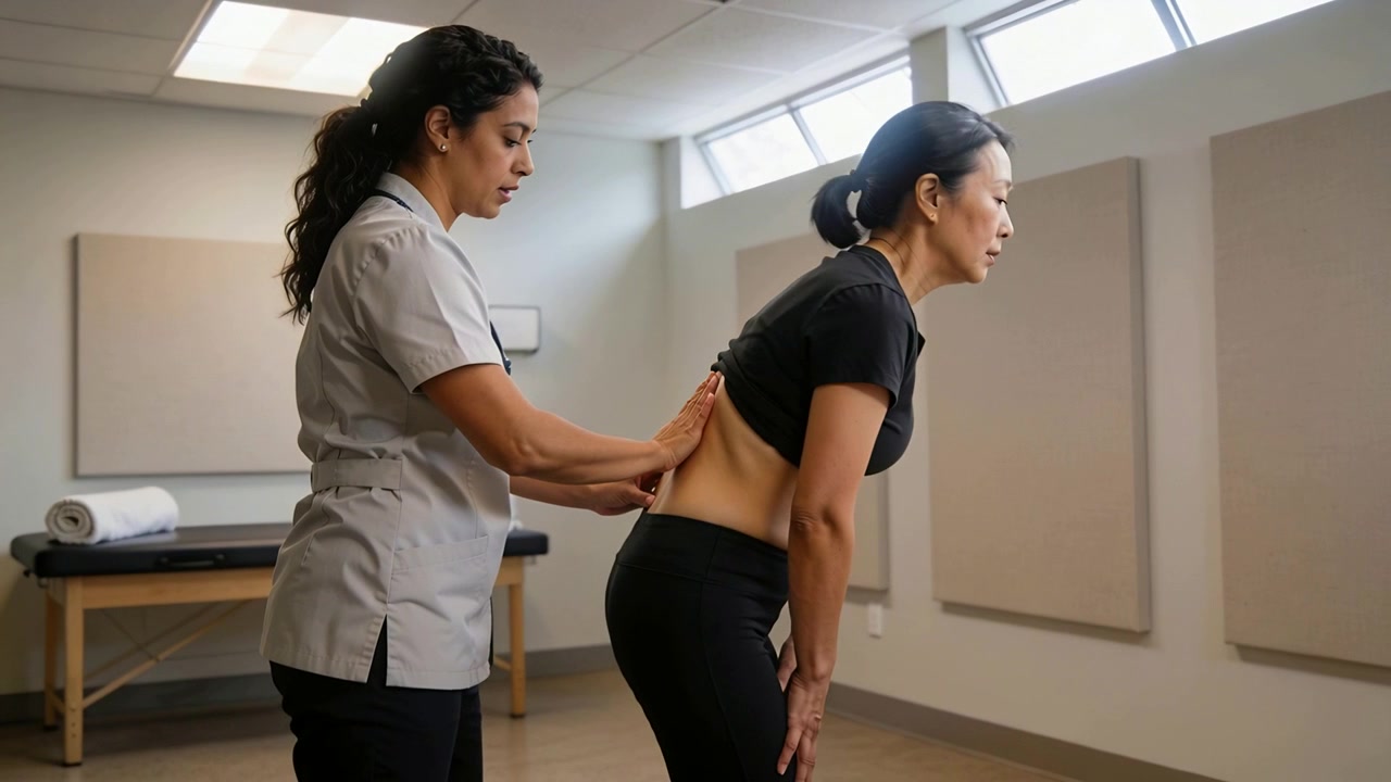 Paciente em roupa desportiva inclinando-se na clínica, clínico testando a região lombar avaliando a mobilidade