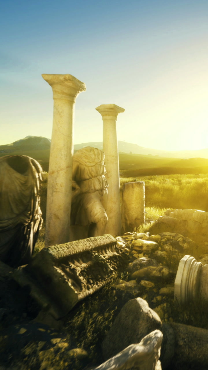 Ancient ruins under bright sunlight with mountains in the background