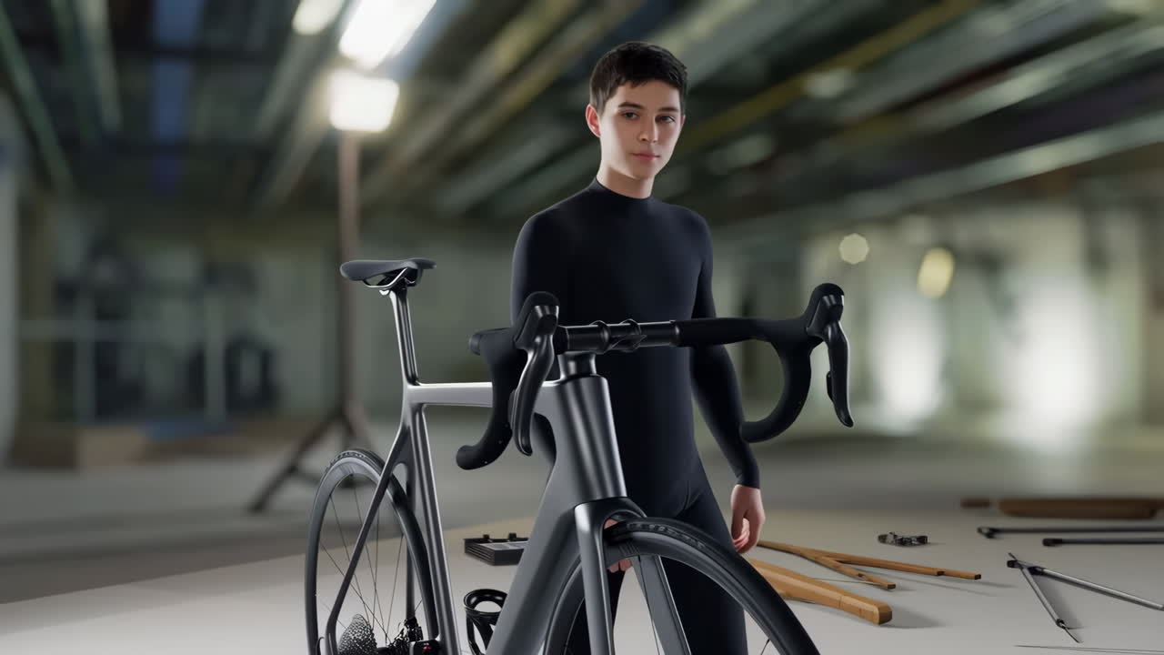 A person posing with a bicycle