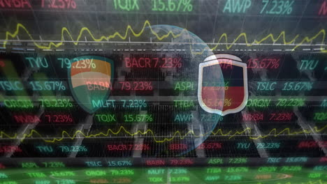 animation of team emblems and globe with graphs and data processing over sports stadium