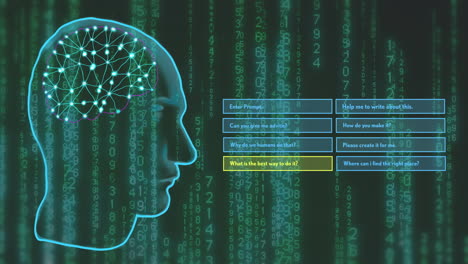 animation of human head and ai data processing over computer server