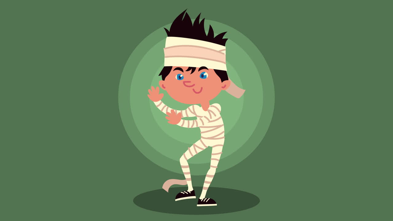 feliz animación de halloween con la pequeña momia