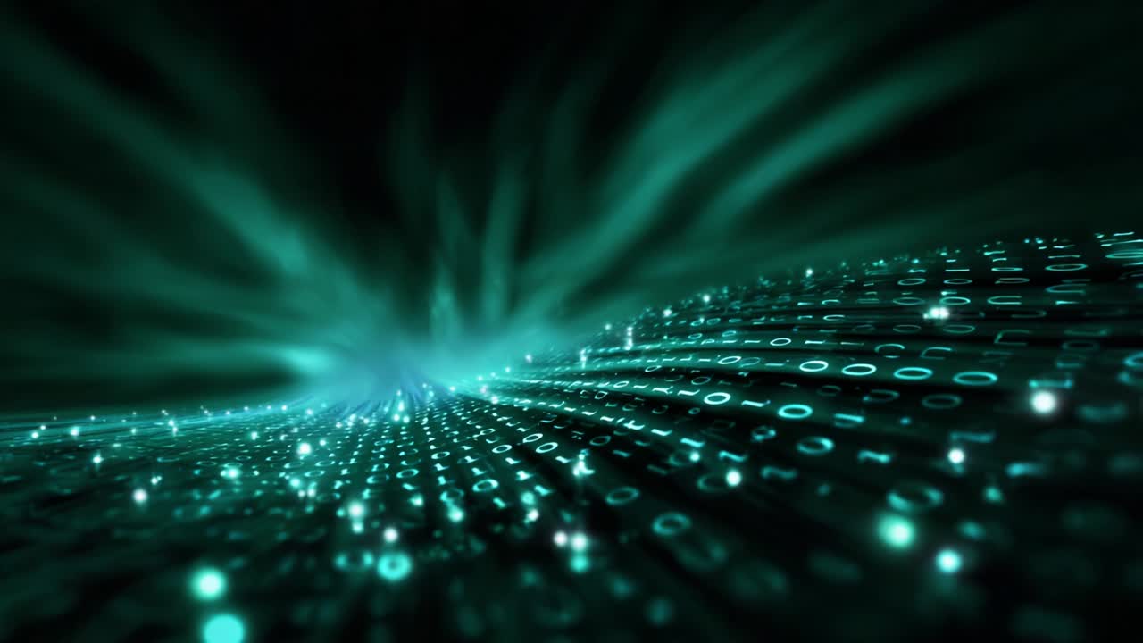 A mesmerizing visual representation of digital data flow, showcasing a stunning array of glowing green binary code elements cascading and rippling through a dark background, creating an immersive virtual landscape