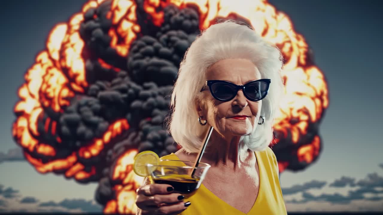 Elegant senior woman with a bouffant hairstyle and sunglasses enjoys a cocktail with a lemon slice, seemingly unconcerned by the dramatic nuclear explosion unfolding behind her