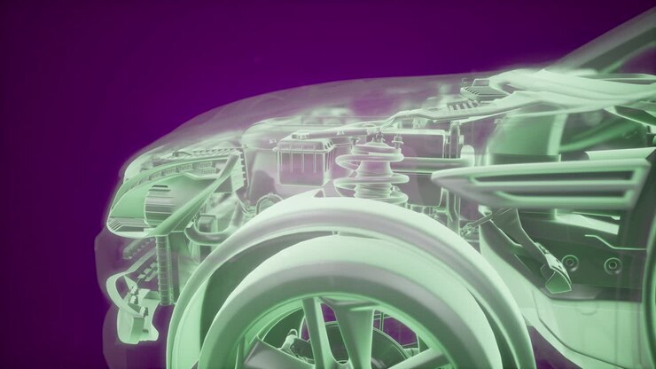Holographic animation of 3D wireframe car model with engine