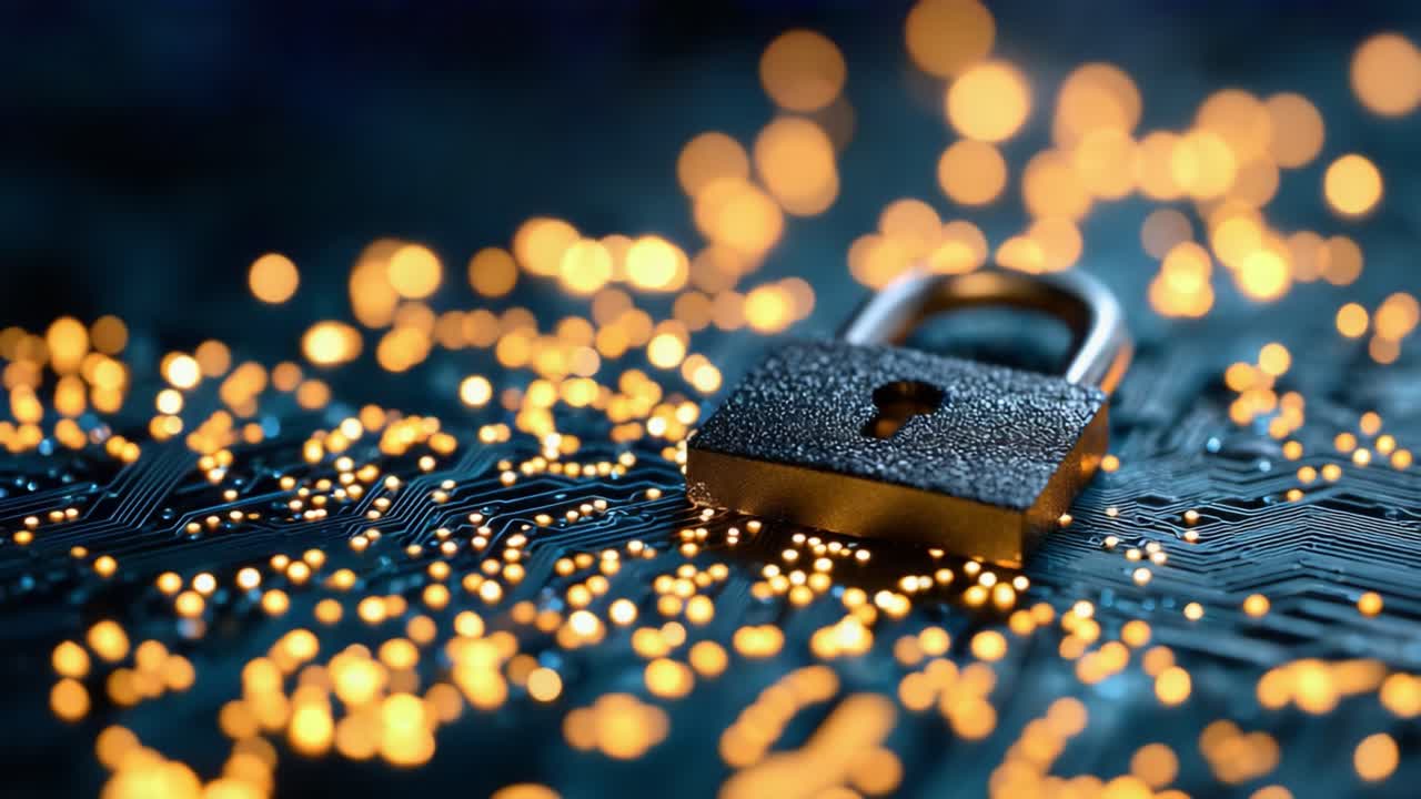 A Close-Up View of a Locked Padlock on a Circuit Board with Glowing Lights Symbolizing Cybersecurity and Digital Protection Principles in a Modern Tech Environment