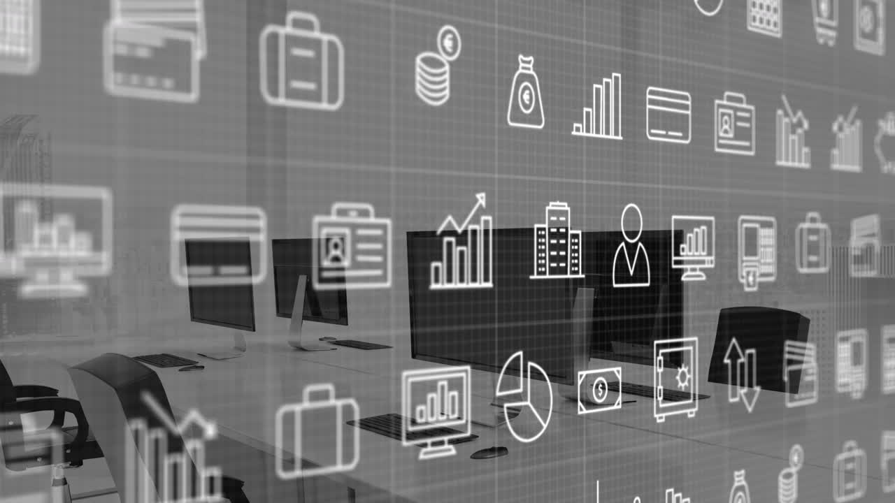 animación de múltiples iconos digitales a través de la red de cuadrícula contra la oficina vacía.