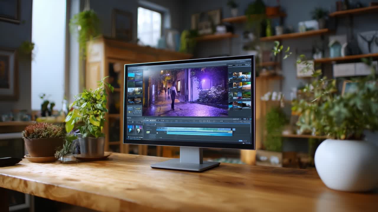 Un'area di lavoro moderna con uno schermo di computer che mostra un software di editing video, circondata da vegetazione e luce naturale in un ambiente accogliente e artistico