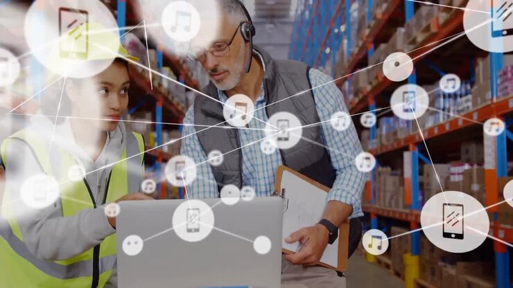 Animation of network of connections with icons over diverse workers in warehouse