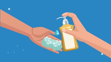 animación global de lavado de manos con manos usando una botella de jabón antibacteriano