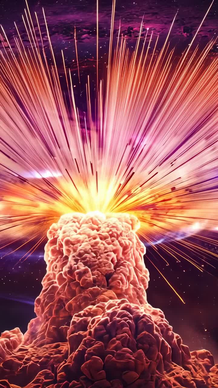 Vídeo vertical: brilho inicial criando uma pluma de nuvem, emitindo feixes radiantes que formam um anel no céu da nebulosa